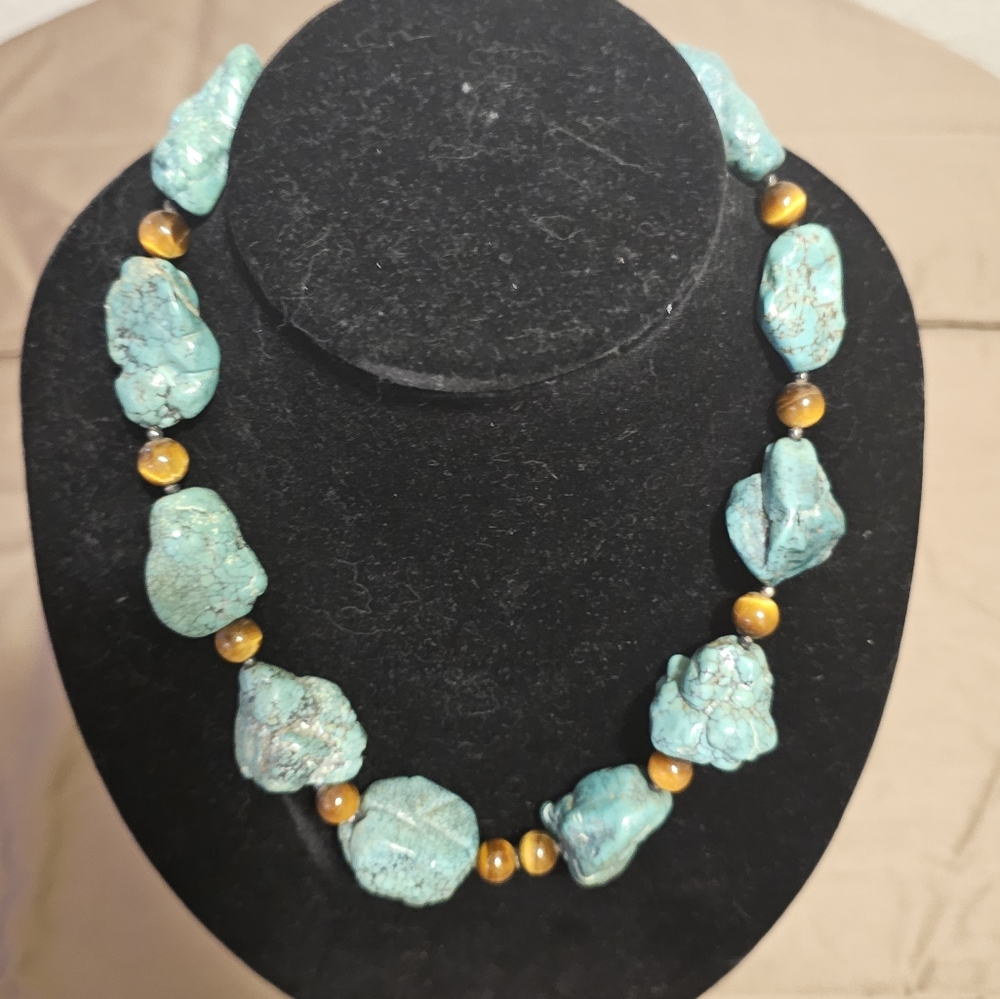 Vintage Navajo Sterling Silver Turquoise Nugget Bead Leather Toggle Necklace
